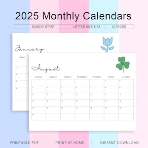 2025 Monthly Calendar: Minimalist Leaf Design, Sunday Start (Digital PDF)