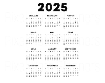 2025年カレンダーPNG昇華カレンダー | 透明な背景 | 印刷可能なカレンダー | 即時ダウンロード | 日曜日と月曜日開始カレンダーPNG