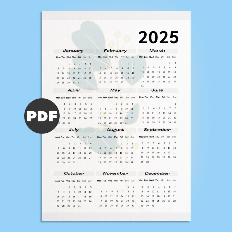 2025 Calendar One Sheet | Stylish Floral Design | Monday &amp; Sunday Start ...
