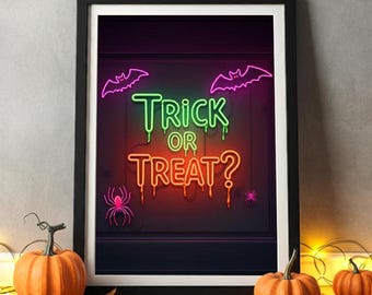 Süßes oder Saures Halloween druckbare Wandkunst SET von 4 Digitaldrucken, Süßes oder Saures Druck, Neon-Halloween-Kunst, Wohnkultur, gruselige Dekoration