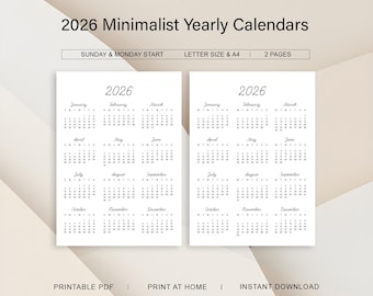 2026 Minimalistischer Schwarzweiß-Jahreskalender – A4- und US Letter-Größen – Montag / Sonntag – druckbare Planer, PDF Sofort-Download