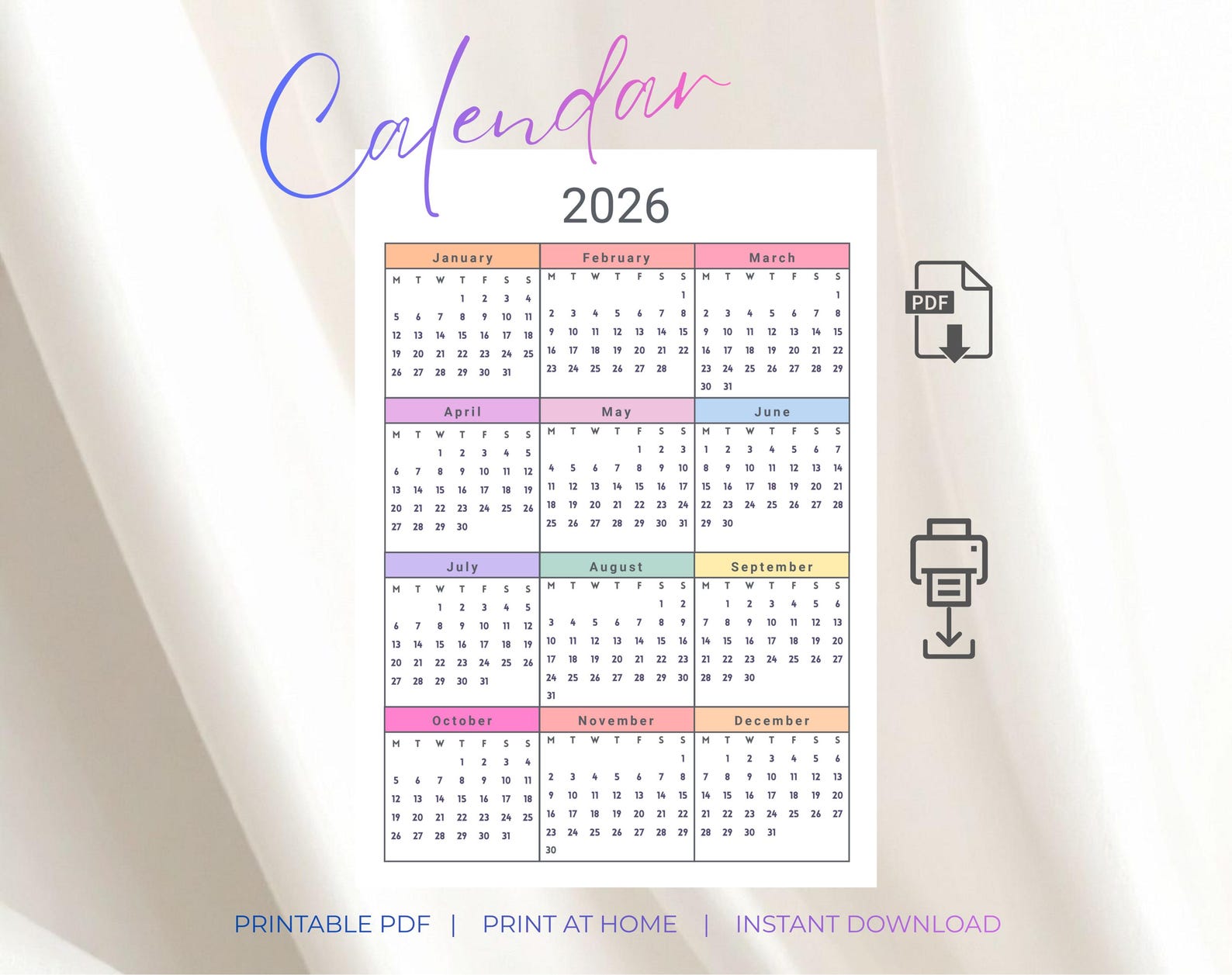 2026 Color Printable Calendar: Printable One Page Wall Art (PDF Digital