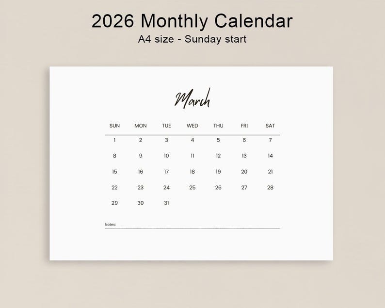 2026 Monthly Calendar Sunday Start Printable | A4 Letter PDF | 12 Pages ...