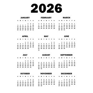 Calendar 2026 png Sublimation Calendar | Transparent Background | Printable Calendar | Instant Download | Sunday & Monday Start calendar png
