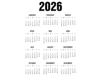 2026 Calendar PNG + JPG: Transparent Background, Printable (Instant Download)