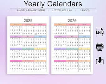 2025 2026 カラフルな年間カレンダー 2025 2026 - A4 およびレター形式カレンダー 月曜日と日曜日開始カレンダー プランナー PDF 即時ダウンロード