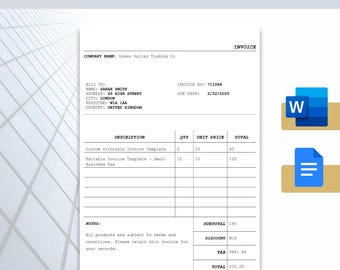 Einfache bearbeitbare Rechnungsvorlage - Minimalistisches Business-Abrechnungsformular - Word & Google Docs - Quittungsvorlage - Sofort-Download