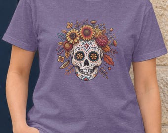 Halloween Sugar Skull T-Shirt, Fall Flower Crown, Day of the Dead Tee
