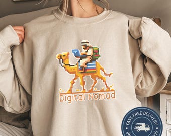 Bluza retro Digital Nomad: Pixel Art Camel Travel Gift