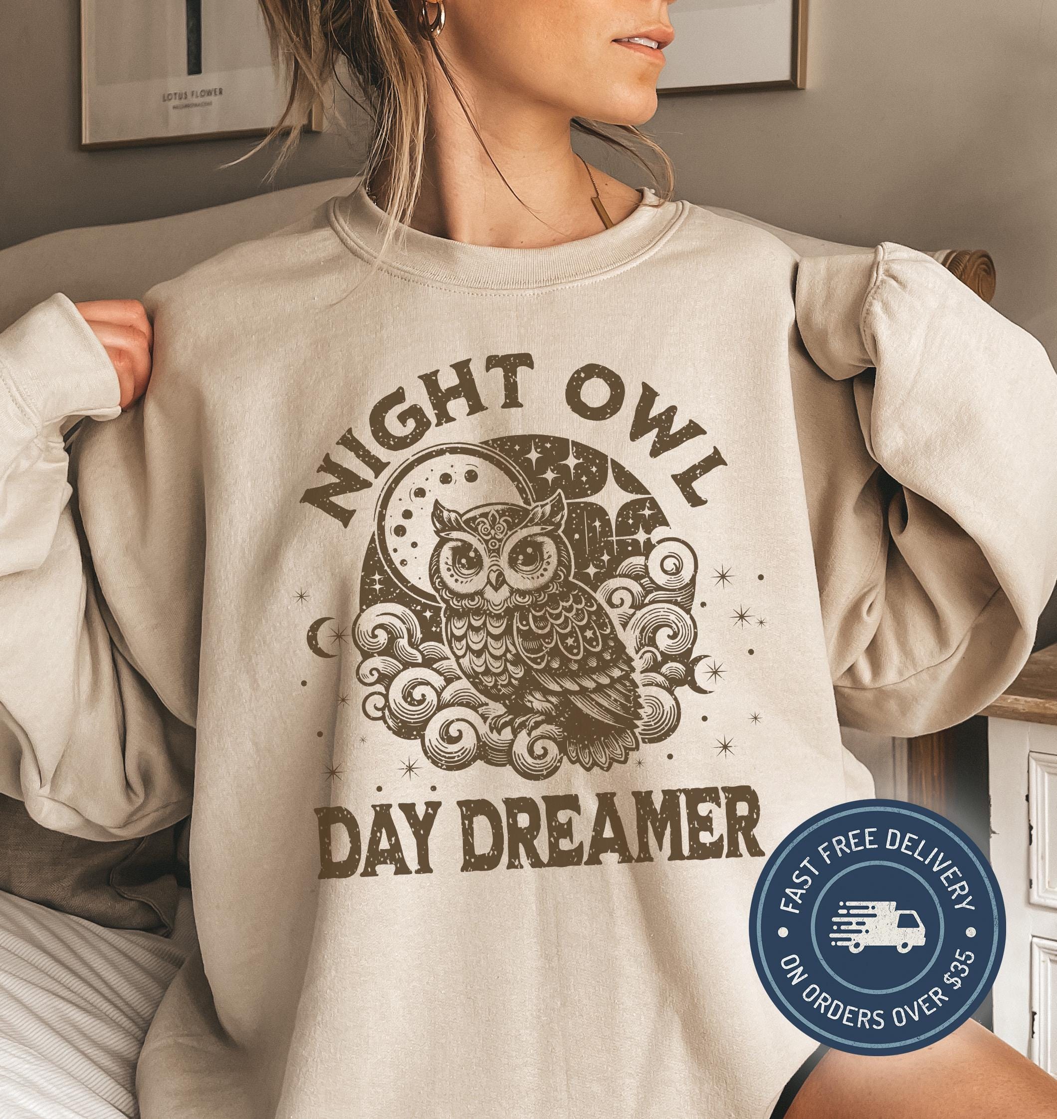Night Owl Day Dreamer Sweatshirt: Vintage Owl Graphic Pullover