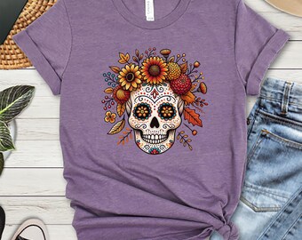 Halloween-T-shirt suikerschedel, herfstbloemkroon, Day of the Dead-shirt