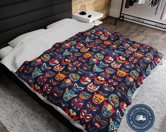 Lucha Libre Masks Velveteen Plush Blanket, Colorful Wrestling Throw