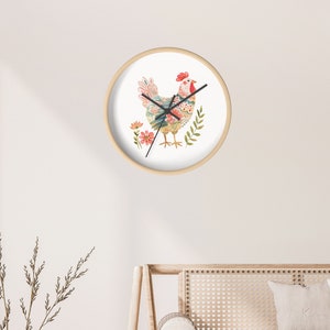 Modern Wall Clock, Chicken Wall Clock, Chicken Folk Art, Circular Clock, Kitchen Wall Clock, Home Decor, Cottage Core Clock, Cottagecore Art