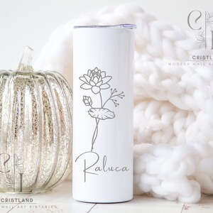 Personalised 20oz Skinny Tumblers, Birthday Flower Gifts, Bridal Shower Gift, Floral Monogram Drinkware, Summer Travel Mugs, Gift for Her