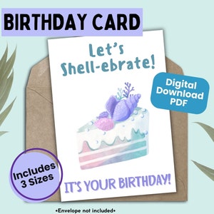 Cartão bonito para impressão de crianças com tema de sereia de feliz aniversário, cartão de aniversário sob o mar, cartão de bolo de concha para meninas, cartão para sua festa de aniversário