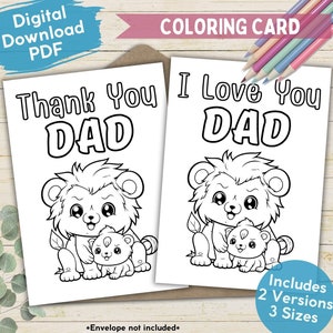Schattige leeuw Vaderdag kleurplaat afdrukbare kaart van kinderen, kleurbare wenskaart bedankje papa, uniek Ik hou van je papa afdrukbare DIY-kaart