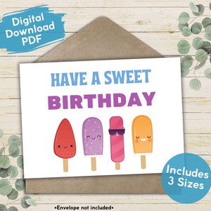 Cartão bonito do feliz aniversário das crianças, cartão de aniversário do verão, picolé imprimível do cartão de aniversário, presente para crianças, cartão de aniversário doce colorido