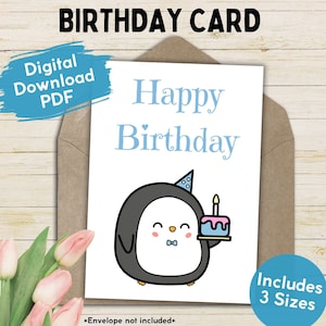 Cartão de felicitações para impressão de feliz aniversário de pinguim fofo, cartão de aniversário para crianças e adultos, cartão de impressão digital de celebração exclusivo e divertido