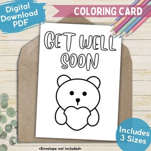 Linda tarjeta imprimible para colorear "Que te mejores pronto" para niños y adultos, tarjeta de felicitación para colorear "Pensando en ti", tarjeta digital sencilla para hacer tú mismo "Siéntete mejor"