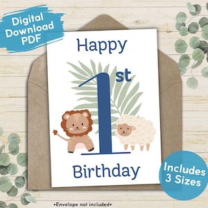 First Birthday Printable Baby Card For Him or Her, Cute Animal Gender Neutral 1st Birthday, Boy or Girl Happy Birthday Party Celebration