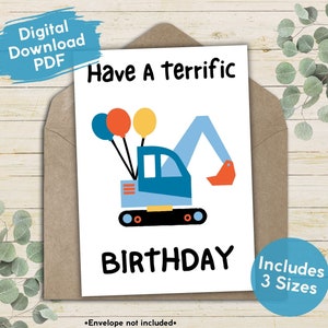 Bonitos meninos trator feliz aniversário cartão para impressão para crianças, celebração de festa de aniversário de canteiro de obras, tema de aniversário de transporte de veículos
