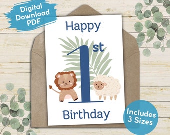 Erster Geburtstag druckbare Baby Karte für Sie oder Ihn, niedliches Tier Gender Neutral 1st Geburtstag, Junge oder Mädchen alles Gute zum Geburtstag Party Feier