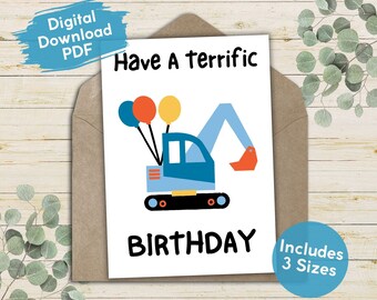 Cute Boys Tractor Happy Birthday Printable Carding For Kids, Urodziny na placu budowy, Motyw urodzinowy transportu pojazdów