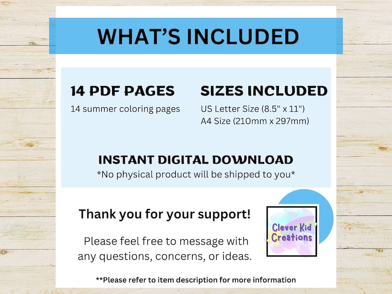 May include: A digital download listing for 14 summer colouring pages in PDF format. The pages are available in US Letter (8.5" x 11") and A4 (210mm x 297mm) sizes. The listing includes the text "WHAT'S INCLUDED", "INSTANT DIGITAL DOWNLOAD", "*No physical product will be shipped to you*" and "Thank you for your support!"