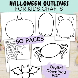 May include: A set of 50 printable Halloween outline pages for kids crafts. The pages feature outlines of a pumpkin, ghost, monster, spider, bat, and spider web.
