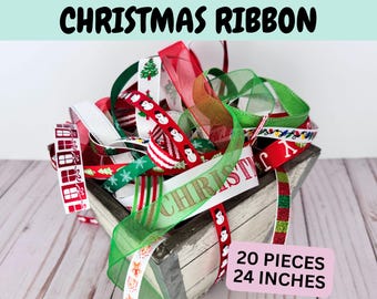 24 Inch Christmas Ribbon Variety Grab Bag Bundle, Winter Seasonal Crafting Supplies, Holiday Mix Craft Pack, Various Style Ribbon Assortment