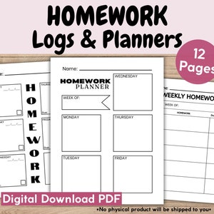 Puede incluir: Tres páginas de planificador de tareas imprimibles con texto en blanco y negro y líneas. La primera página tiene una columna vertical con la palabra "HOMEWORK" deletreada. La segunda página tiene un título que dice "Homework Planner" y tiene espacios para cada día de la semana. La tercera página tiene un título que dice "Weekly Homework" y tiene columnas para la tarea, la fecha de vencimiento y hecho.
