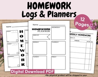 May include: Three printable homework planner pages with black and white text and lines. The first page has a vertical column with the word "HOMEWORK" spelled out. The second page has a title that says "Homework Planner" and has spaces for each day of the week. The third page has a title that says "Weekly Homework" and has columns for homework, due date, and done.
