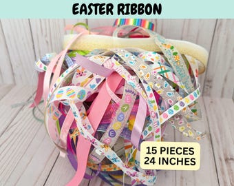 15 Piece Mystery Easter Themed Ribbon Grab Bag Bundle, Springtime Crafting Supplies For Bows and Wreaths, Fun and Colorful Ribbon Collection