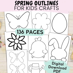 May include: A set of 136 printable spring outline pages for kids crafts. The pages feature outlines of a butterfly, flower, chick, bunny, egg, and clover.