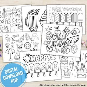 May include: A set of ten printable colouring pages featuring summer themes. The pages include images of ice cream, popsicles, watermelon, pineapples, cherries, and other summer fruits. The text on the pages includes "Sweet Treat", "Stay Cool", "Sweet Summer", and "Happy Summer".