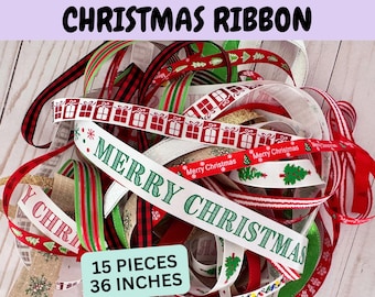 36 Inch Christmas Ribbon Assortment Bundle, Fun Holiday Season Crafting Supplies For Wreath, Winter Variety Mixed Material Ribbon Grab Bag