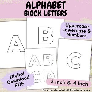 Pode incluir: Letras de bloco de alfabeto digital brancas em maiúsculas e minúsculas, mais números, nos tamanhos de 7,6 cm e 10,2 cm. A imagem inclui o texto "ALPHABET BLOCK LETTERS", "Digital Download PDF", e "Uppercase Lowercase & Numbers".