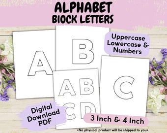 May include: White digital alphabet block letters in uppercase and lowercase, plus numbers, in 3 and 4 inch sizes. The image includes the text "ALPHABET BLOCK LETTERS", "Digital Download PDF", and "Uppercase Lowercase & Numbers".