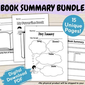 Buchzusammenfassung und Story Map druckbares Bündel für Kinder, Arbeitsblatt für Lieblingsbuchbeschreibung, Story-Elemente-Diagramm für Klasse, Lesevorlage