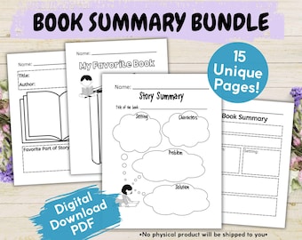 Book Summary and Story Map Printable Bundle For Kids, Favorite Book Description Worksheet, Story Elements Chart For Class, Reading Template