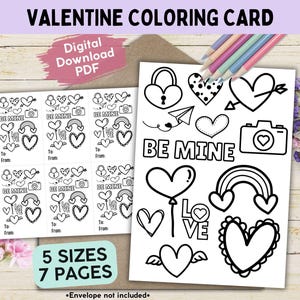 Tarjeta para colorear de San Valentín con collage de corazones y amor para niños. Be Mine: lindos saludos de San Valentín imprimibles para el aula, la familia y los amigos