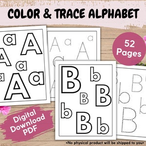 Pacote de planilhas para impressão de prática de cartas de caligrafia, páginas de alfabeto para colorir e traçar pré-escolar, páginas de reconhecimento de letras para crianças
