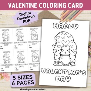 Tarjeta para colorear de San Valentín con forma de corazón de gnomo para niños, tarjetas de felicitación de San Valentín imprimibles para el aula, tarjetas digitales para familiares y amigos