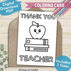 Carte de remerciement à colorier pour professeur Apple sur les livres, carte de remerciement professeur, carte de remerciement enseignant, carte de remerciement imprimable enseignant