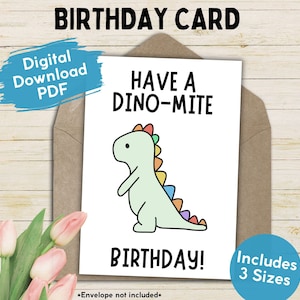 Niedliche Dino Geburtstagskarte für Kinder, druckbare alles Gute zum Geburtstag der Dinosaurier-Kinder, Karte, Dino-Liebhaber-Grußkarte für Bday-Feier