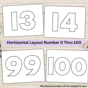 May include: Four white cards with black outlined numbers: 13, 14, 99, and 100. The text "Horizontal Layout Number 0 Thru 100" is in a purple banner. Floral arrangements are in the corners. The text "No physical product will be shipped to you" is at the bottom.