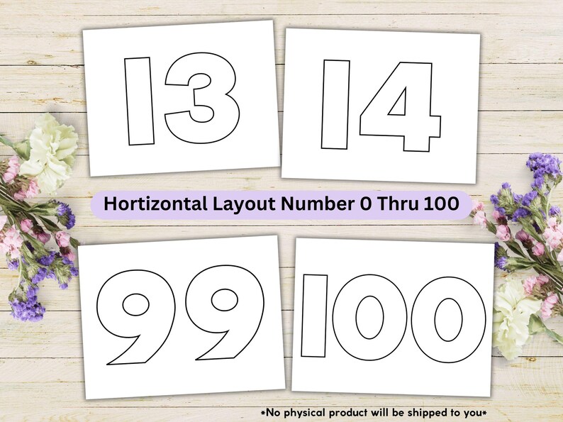 May include: Four white cards with black outlined numbers: 13, 14, 99, and 100. The text "Horizontal Layout Number 0 Thru 100" is in a purple banner. Floral arrangements are in the corners. The text "No physical product will be shipped to you" is at the bottom.