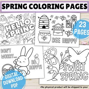 Páginas para colorear imprimibles con temática de primavera para niños, libro para colorear digital de primavera en formato PDF, hojas para colorear de conejitos de Pascua y flores de temporada