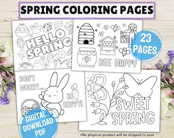 Spring Themed Printable Coloring Pages For Kids, Springtime Digital PDF Coloring Book, Seasonal Easter Bunny and Flowers Color In Sheets