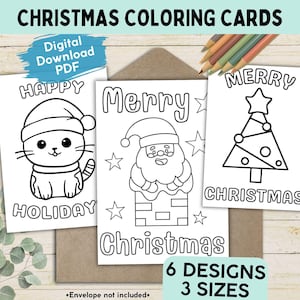 Tarjetas de felicitación navideñas para colorear para niños, actividad festiva imprimible para las fiestas, idea de manualidad sencilla para colorear con Papá Noel